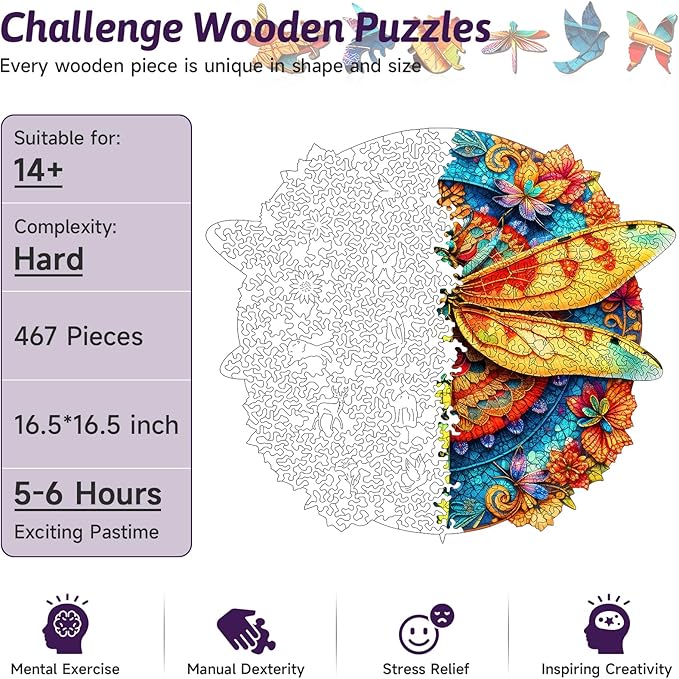 Colorful Dragonfly Wooden Puzzle, 45x40cm Unique Animal Shaped Wood Jigsaw Puzzle, 467 Pieces Large Size Adult Wooden Puzzles, Artistic Insect & Floral Puzzle, Ideal for Adults