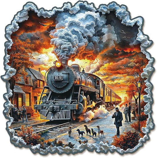 Wooden Puzzles for Adults 255 Pices, 3D Steam Train Wooden Jigsaw Puzzle, Flat Puzzels with 3D Visual Effect, Steam Train Irregular Jigsaw Puzzles, Finished Puzzle Size is 11.6 * 11.5 in