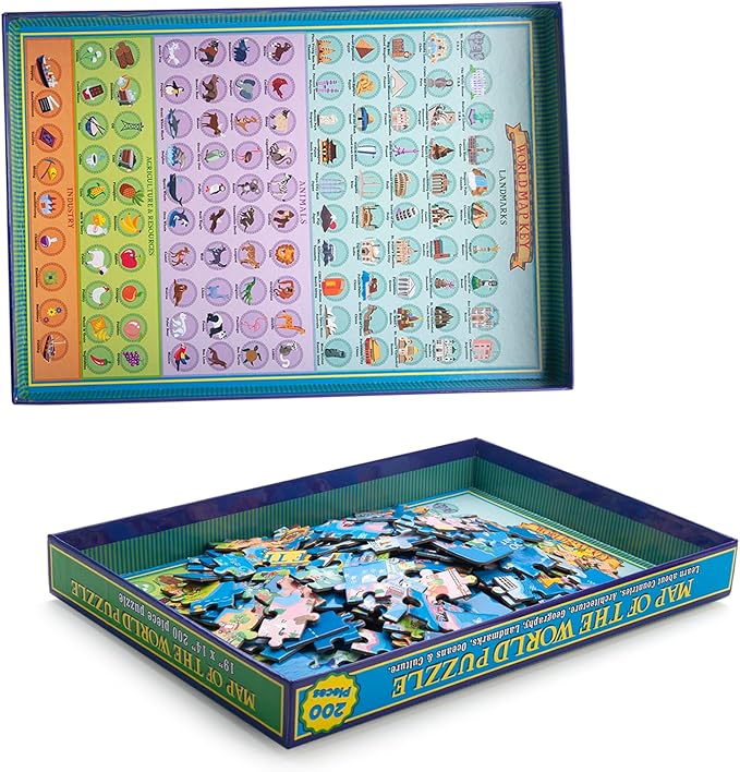 200 Pieces World Map Jigsaw Puzzle for Kids Ages 4-8, Environmental Recyclable Cardboard, Portable, Hand-Eye Coordination, Spark Educational Conversations