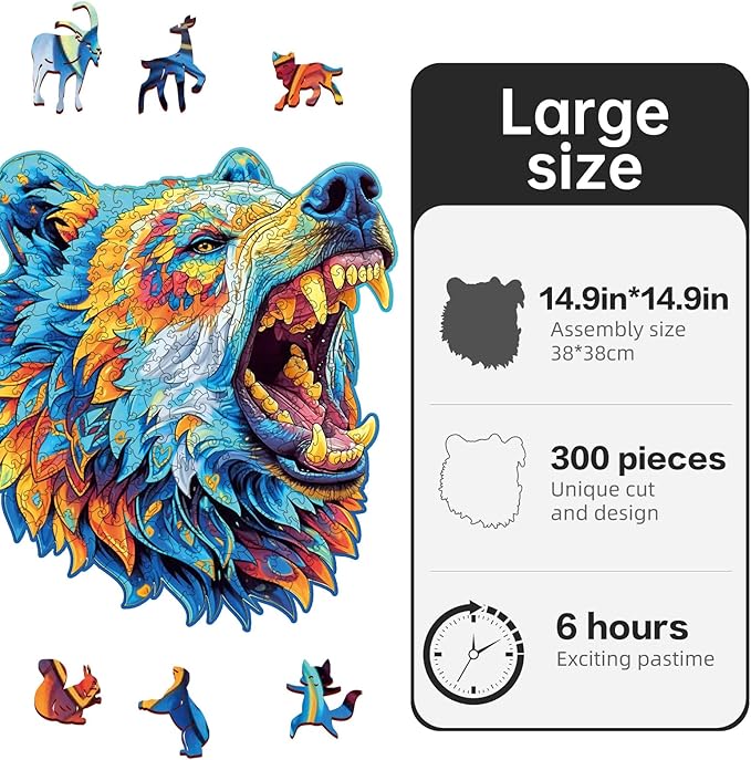 Wooden Puzzles for Adults,Bear Design Jigsaw Puzzles 300 Piece,Thanksgiving Birthday Gifts Family Game,Unique Shape Puzzle Challenge 14.9 x 14.9 Inch