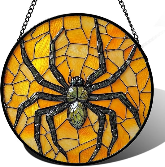 Stained Glass Window Hanging - Halloween Decorations Black Spider Suncatcher for Doors Garden Indoor Spooky Funny Sun Catchers Gothic Decor Horror Gifts for Women Men Friend 15 in