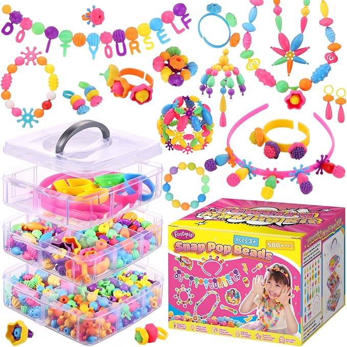 Funtopia Pop Beads, 500+ Pcs Jewelry Making Kit for Girls 4-6, Arts and Crafts for Kids 3 4 5 6 7 8, Colorful Snap Beads DIY Bracelet Necklace Ring Set for Little Girls