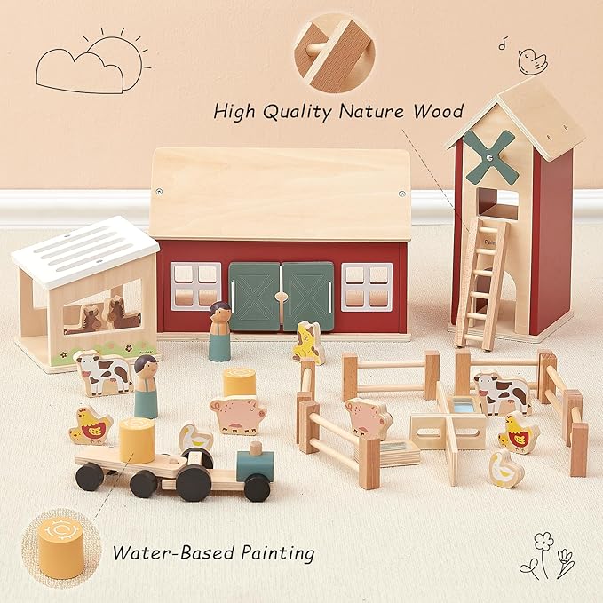 PairPear Wooden Barn & Tractor Farm Playset, 31 Piece Pretend Farm Animal Toy Set with Barn, Tractor & Trailer, Montessori Learning Gift for Toddlers Ages 3+