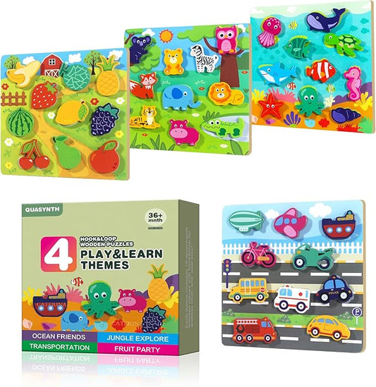 Hook & Loop Wooden Puzzles for Toddlers | Montessori Learning Toys with 4-in-1 Themes | Ocean, Jungle, Transportation, Fruit | Secure Adhesion & Educational Gifts