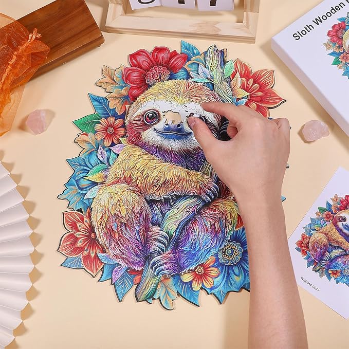 GLOBLELAND 200Pcs Sloth Wooden Jigsaw Puzzles for Adults 11.22x13.9inch Jungle Sloth Wooden Puzzles Colorful Unique Shaped Wood Puzzles for Family Anniversary Birthday Gift