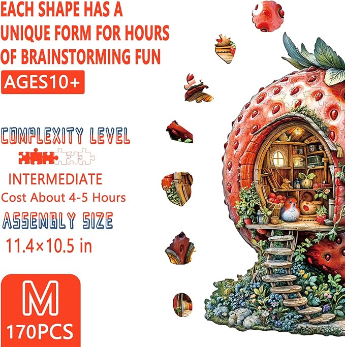 Wooden Puzzles for Adults, Strawberry Hut Wooden Jigsaw Puzzle for Adults, Magical Fruits Wood Puzzles Adult, Unique Animal Shape, Fun Gifts for Friends & Family, Home Decor(M-11.4 * 10.5in-170 pcs)