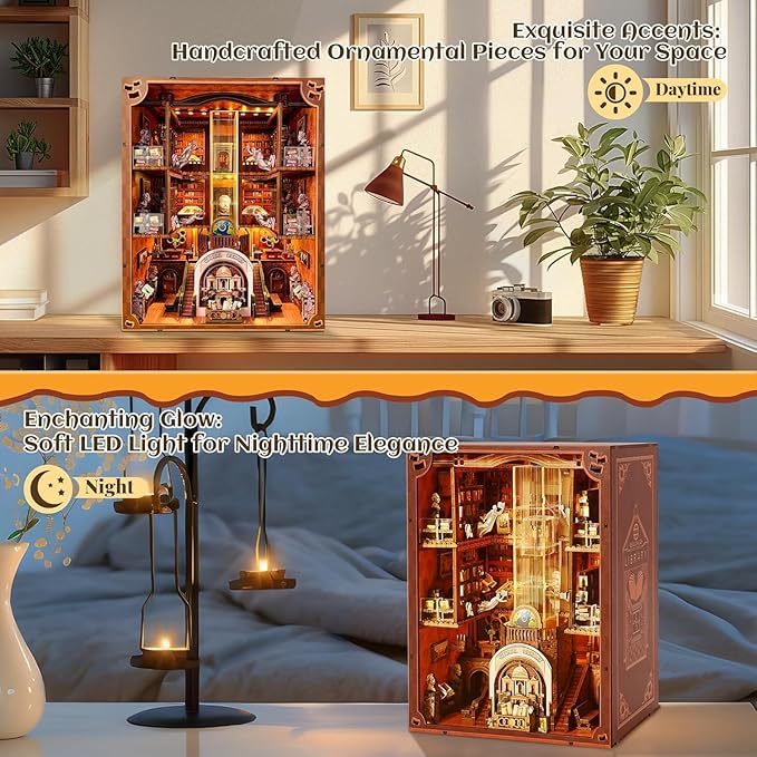 Book Nook Kit for Adults and Teens, 3D Puzzle Booknook Bookshelf Decor with LED Light, Dual Power Options (Battery/Type-C), Perfect Miniature Dollhouse Gift (Global Library)