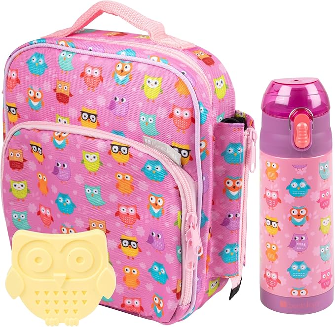 Bentology Kids Lunch Bag Set w Matching Reusable Water Bottle & Hard Ice Pack- Pink Yellow Rainbow Owls- Insulated Tote, Stainless Steel Insulated Thermos, Hard Ice Pack- Back to School Lunchbox Kits