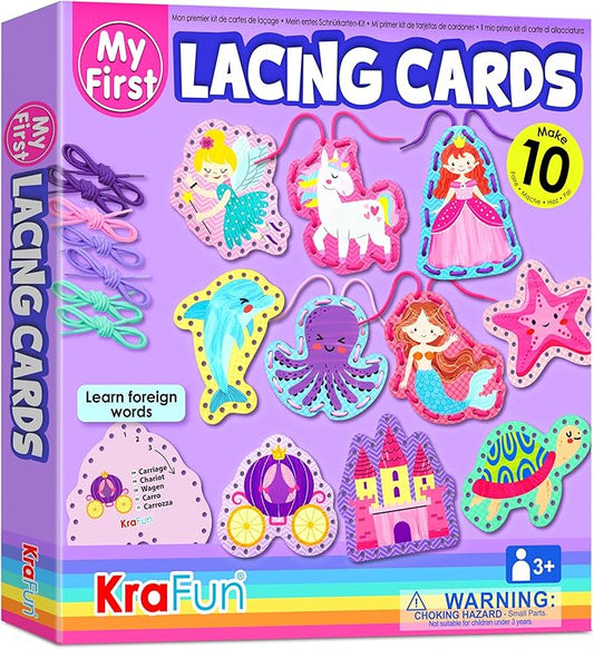 KRAFUN Beginner Unicorn My First Lacing Card Kit for Kids Arts & Crafts, 10 Easy Princess, Mermaid, Lacing Projects, Toddlers Lace Project, Fine Motor Preschool Skills Toys