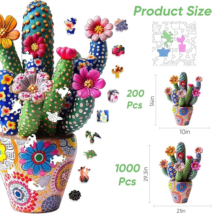 Mys Aurora Puzzles for Adults Cactus Flower Wooden Puzzles, 1000 Pieces Unique Shaped Liberty Jigsaw Puzzles, Birthday for Mom Adults, Fun Challenge Family Game 29.3'' x 21''
