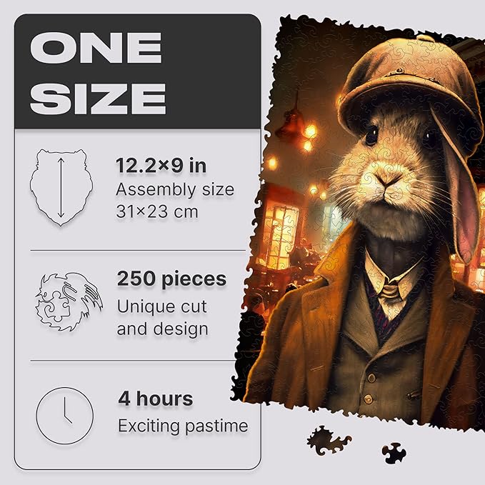 UNIDRAGON Original Wooden Jigsaw Puzzles - Pop Art Thomas Rabbit, 250 pcs, 12.6"x 9", Beautiful Gift Package, Unique Shape Best Gift for Adults and Kids