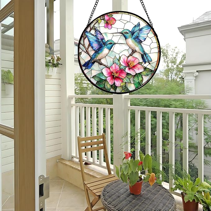 Stained Glass Window Hanging - Blue White Hummingbirds Pink Flowers Suncatcher for Door Terrace Garden Home Decor Bird Sun Catcher Birthday Gifts for Lovers Women Men Dad Mom Nana 6.3 in