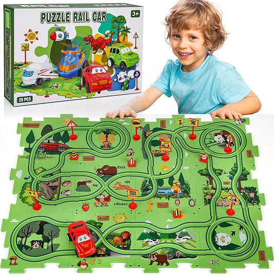 25PCS Puzzle Racer Kids Car Track Set, Jungle Themed Series, Educational Car Puzzle Toys Gifts for Kids and Boys