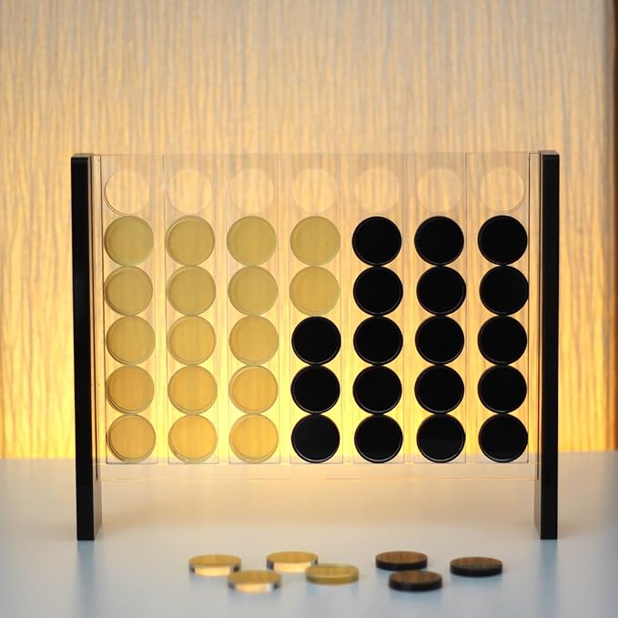 Unique Four in a Row - Acrylic 4 in a Row Game - Board Game Decor - Coffee Table Game - 2 Player Family Game - Connect The Four Pieces - Classic Strategy Game (Black and Gold)