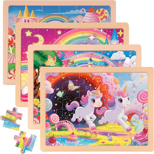 24PCS Wooden Puzzles for Kids Ages 4-6, 4 in 1 Box, Preschool Educational Toys Birthday Gifts Puzzles for 3 4 5 6 7 8 Year Old Boy Girls, Unicorn