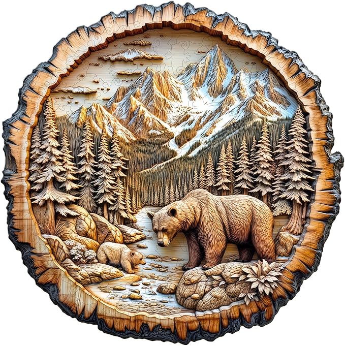 Wooden Puzzles for Adults - 200 Pieces Annual Ring Bear Puzzle - Unique Shapes Wooden Jigsaw Puzzles for Adults - Eco-Friendly Home Office Decor (M-11.4 * 11.4in)
