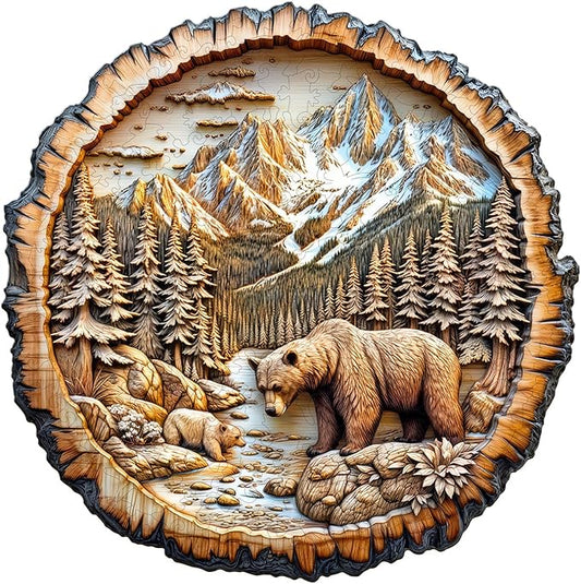 Wooden Puzzles for Adults - 200 Pieces Annual Ring Bear Puzzle - Unique Shapes Wooden Jigsaw Puzzles for Adults - Eco-Friendly Home Office Decor (M-11.4 * 11.4in)