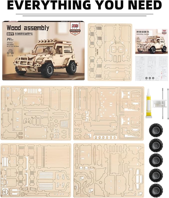 3D Wooden Puzzle Off-Road Car for Adults, Brain Teaser 3D Puzzles for Kids and Adults to Build, 125pcs Wood Craft Pull Back Truck Cars, Christmas Birthday Gift for Teens Men Women