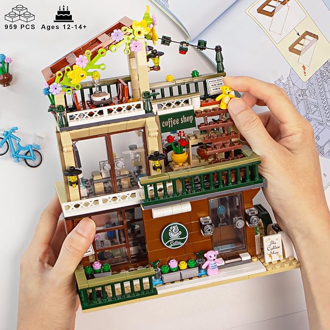 3 in 1 Coffee House Building Set with Light, 875 PCS City Cafe Shop Building Block Toy Architecture Construction Model for Adults Teens Kids Boys Girls Ages 8-12+