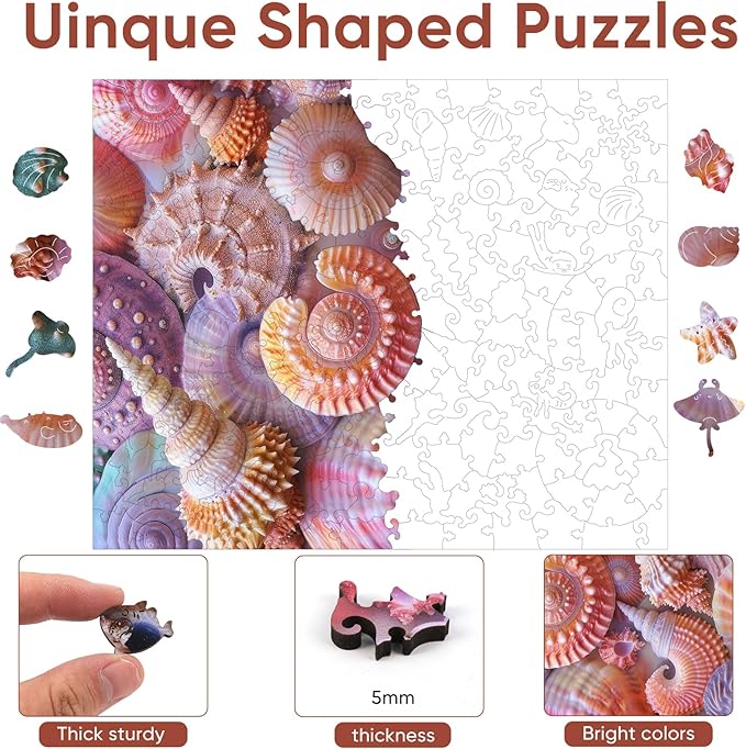 delobil Wooden Puzzles for Adults, Sea Shell Wooden 200 Piece Puzzles for Adults,Unique Shaped Jigsaw Puzzles, Fun Challenge Brain Health Family Game Creative Gift for Friends 11.8 x 9.6in