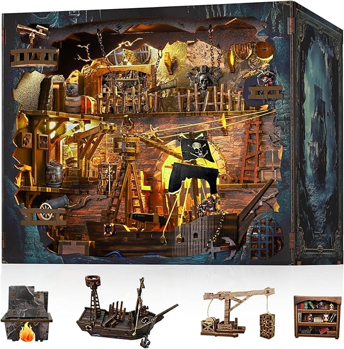 Book Nook Kit - DIY 3D Wooden Puzzle Miniature House with LED Lights - Creative Crafts for Adults - Bookshelf Insert Decor - Educational Gift for Family & Friends（Pirate Bay）