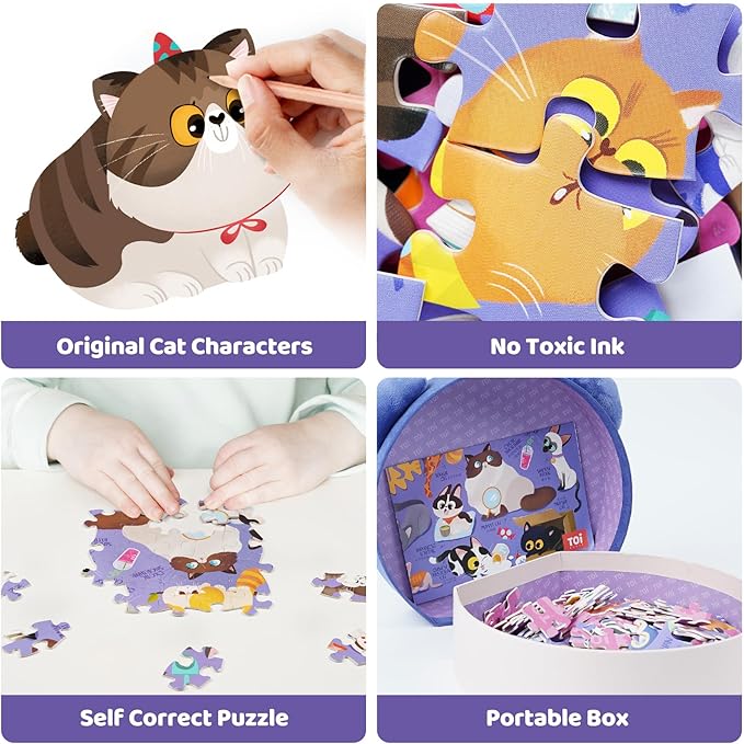 TOI Cats Puzzle for Kids Ages 3-5, 200 Pieces Jigsaw Puzzles for Toddlers with Cat-Shaped Portable Box, Preschool Learning Cat Game for Boys & Girls Gift