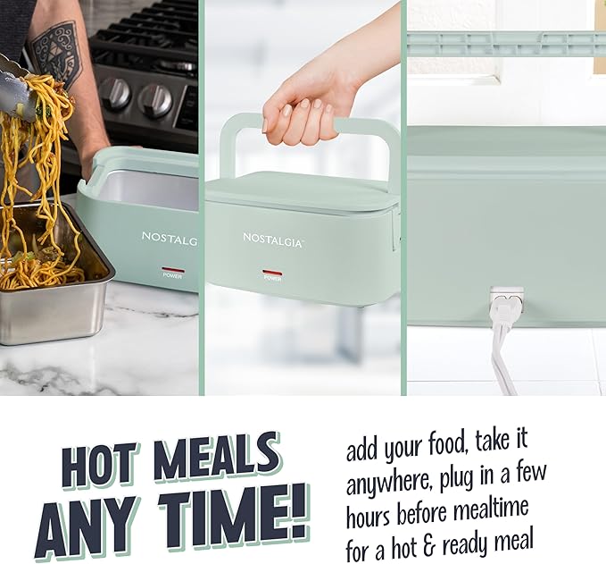 Nostalgia 32-Ounce Heated Electric Lunch Box – Travel Size 4 Cup Capacity for Soup, Pasta, and Leftovers – Leak-Proof Silicone Sealed Lid, Foldable Carry Handle, Detachable Cord – Sage