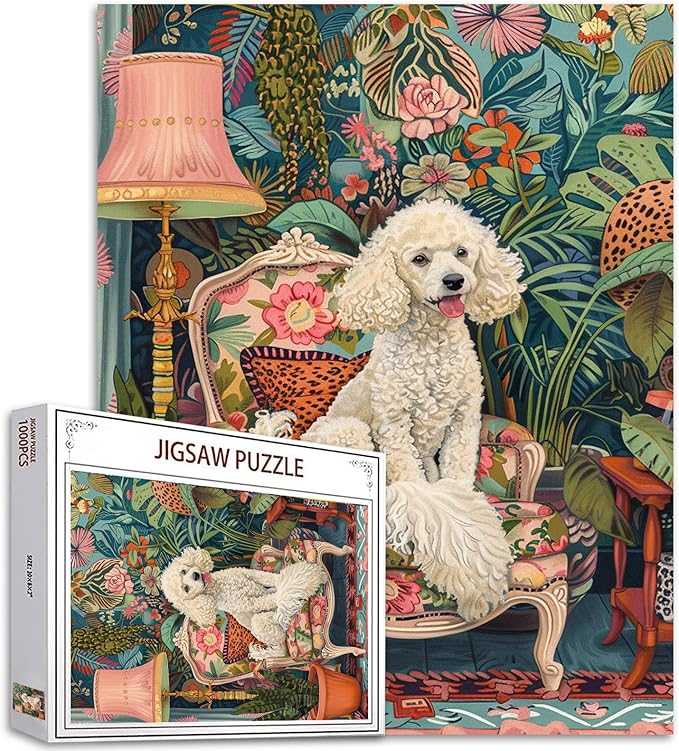 White Moyen Poodle on Couch Jigsaw Puzzles for Adults 1000 Pieces,Pet Dog Botanical Art Jigsaw Puzzle Colorful DIY Craft Puzzles for Home Decoration Gifts Idea,Family Puzzle Perfect for Game Nights