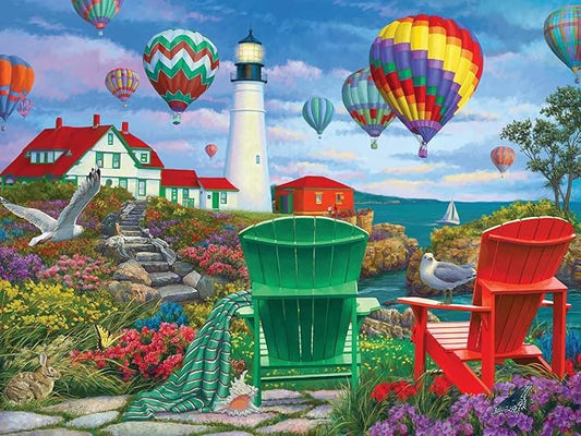 Bits and Pieces – Large 300 Piece Jigsaw Puzzle for Adults – The Lighthouse - Colorful Hot Air Balloons Jigsaw Puzzle by Iris Sage, Completed Puzzle Size: 18" x 24"