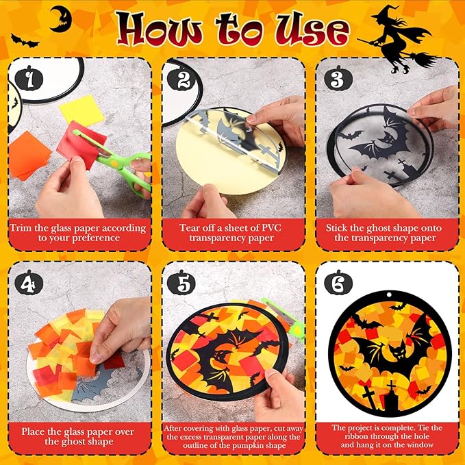 Funrous 32 Set Halloween Suncatchers Crafts Kit Orange Pumpkin Suncatcher Paper Crafts with Tissue Paper DIY Window Stained Glass Decor Hanging Ornaments for Halloween DIY Activities Party Favors