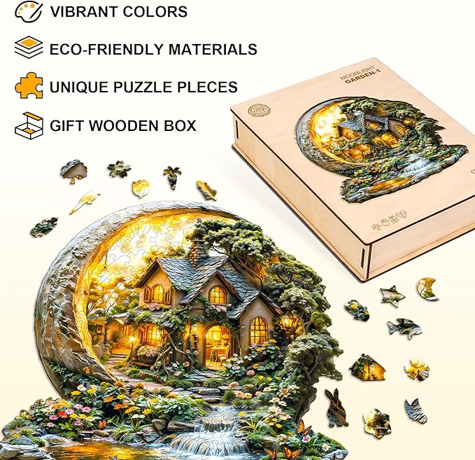 Jigfoxy Wooden Puzzle for Adults, Garden on The Moon Jigsaw Puzzles for Adult, Unique Animal Shape Wood Cut Puzzles, Christmas Thanksgiving Gifts for Friends Family (S-8.5 * 8.3in-100pcs)
