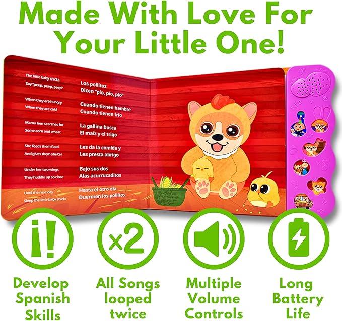 Musical Spanish Books for Kids 1-3, Spanish English Toys for Babies & Toddlers 1-3, Baby & Toddler Spanish Books, Bilingual Learning Toys 1 Year Old, Libros Infantiles en Español