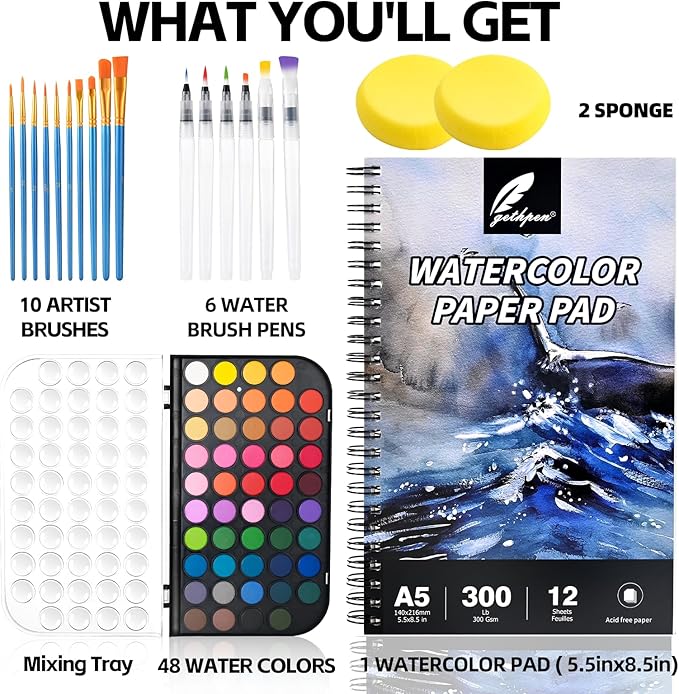 Watercolor Paint Set, 48 Color Watercolor with 10 PCS Nylon Brushes,6 PCS Refillable Water Brush Pen, 12 Page Pad and 2 PCS Art Sponges. Watercolor Paint set for Adults,Children and Beginners