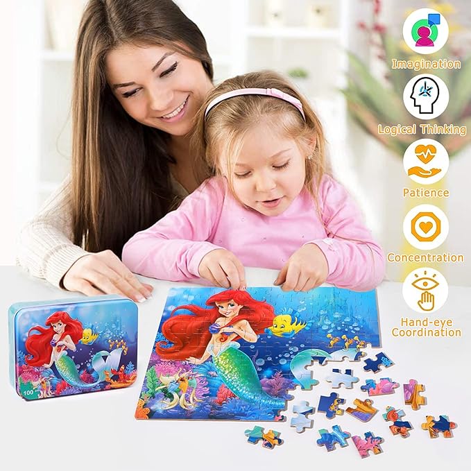 LELEMON Pretty Puzzles for Kids Ages 4-6,100 Piece Puzzles for Kids Ages 4-8,Educational Jigsaw Puzzles in a Metal Box,Childrens 100 Piece Puzzle Games Puzzle Toys for Girls and Boys