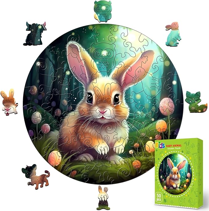 Christmas Birthday Gifts for Kids Girls Boys, Wooden Jigsaw Puzzles for Kids Ages 4-6, 50 Piece Unique Shape Animal Theme Puzzle - Preschool Learning Educational Toys for Kid 3+ (Rabbits)