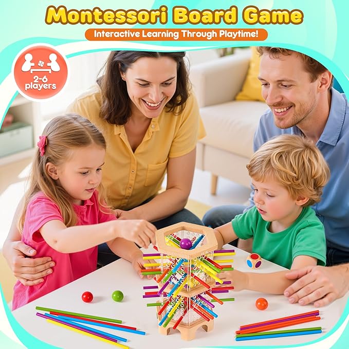 Montessori Wooden Board Game, 42 Colorful Sticks Dice Games for Kids 3 4 5 6 Years, Math Learning Toys Fine Motor Skills & Counting Educational Toy, Family Travel Game Birthday Gifts for Boys Girls