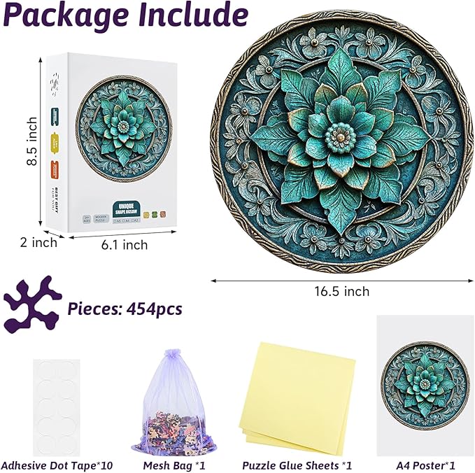 Round Floral Wooden Puzzle - Exquisite Teal Floral Mandala Vintage Style Art Wood Jigsaw for Adults, 454pcs Unique Wood Animal Shaped Puzzle, Family Game Home Decor