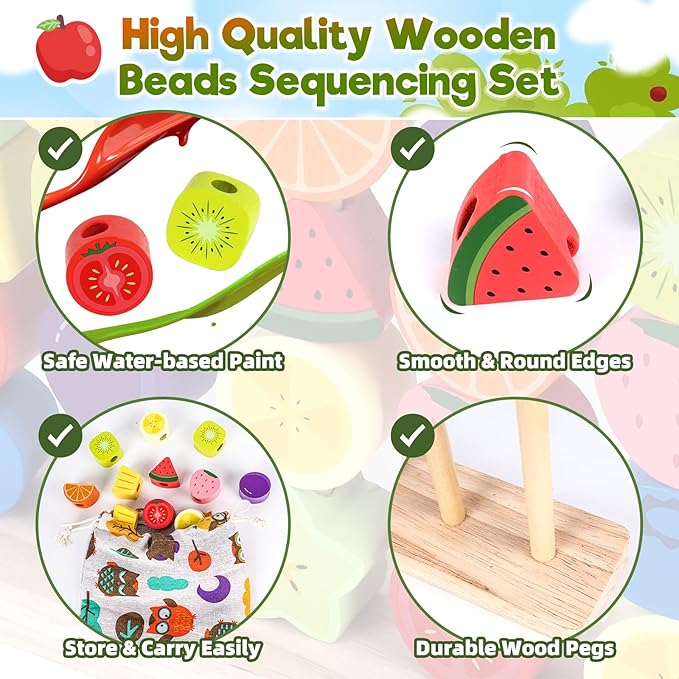 Montessori Wooden Beads Stacking Toys: 2 3 4 Year Old Boys Girls Birthday Gifts - Toddler Sequence Game & Sorting Blocks & Lacing & Matching Shape - Preschool Learning Activities for 2-5 Years Kids