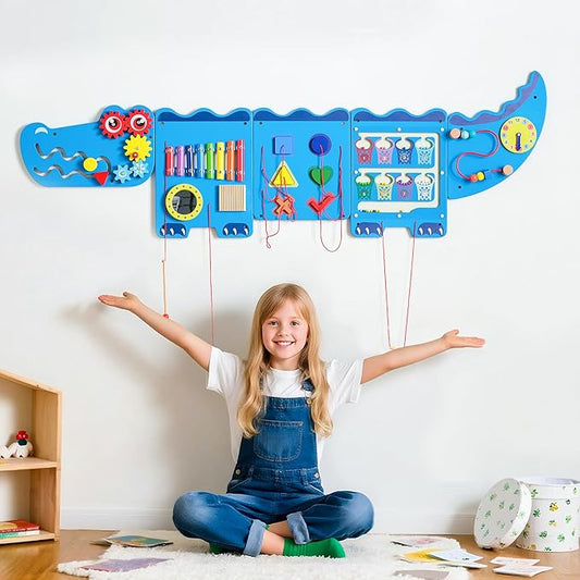 Crocodile Sensory Toys Activity Wall Panels - Montessori Busy Board, Toddler Learning Panel, Wall-Mounted Playroom/Daycare Educational Toys, Interactive Wooden Gift for Kids 3-6, Blue