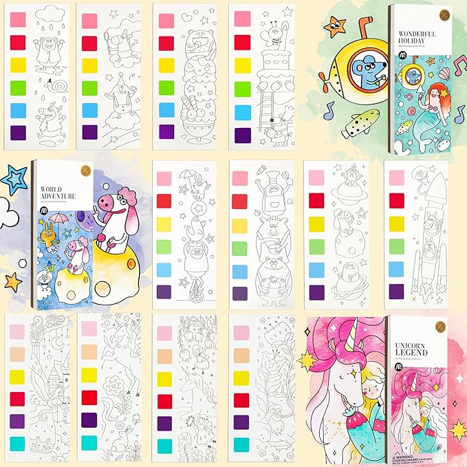 Watercolor Painting Coloring Books Arts & Crafts Kit, Pocket Watercolor Paint Bookmarks, Mess Free Paint with Water Set, Travel Activities Art Supplies Party Favors Exchange Birthday Gifts for Kids