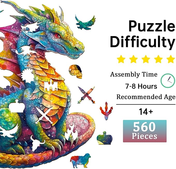Jigfoxy Wooden Puzzles for Adults, Dragon Wood Puzzles Adult, Unique Animal Shape Wooden Jigsaw Puzzles for Adults, Birthday Gifts for Puzzle Lovers, Family, Friend (XL-21.7 * 18.6in-560pcs)