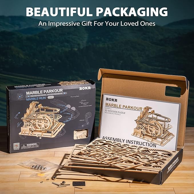 ROKR 3D Wooden Puzzles for Adults-Marble Run Model Building Kit-Wood Model Kit (LG501★Waterwheel Coaster)
