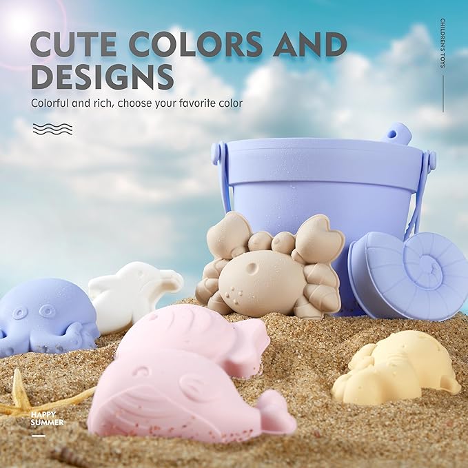 MarcZero 11Pcs Silicone Beach Toys,Modern Baby Beach Toys,Travel Friendly Beach Set,Silicone Bucket, Shovel, 8 Sand Molds, Beach Bag, Sand Toys for Toddlers, Kids (Blue Purple)