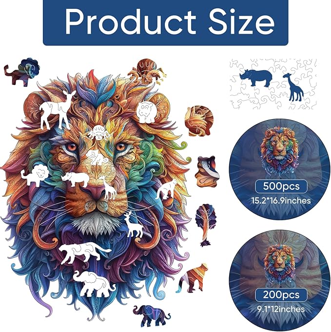 Wooden Puzzles for Adults, Lion Jigsaw Puzzles 200 Piece, Unique Shape Puzzles for Adults and Kids, Fun Challenging Puzzles Family Game Gift, Medium Size 9.1 x 10.9 Inches