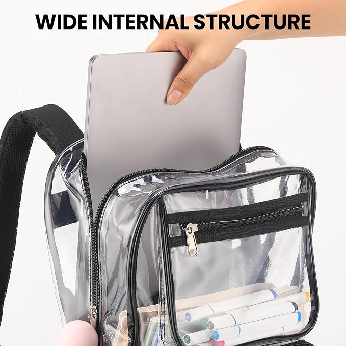 10packs Bulk Clear black backpack with laptop compartment large for kids school see through transparent plastic stadium approved teen toddler