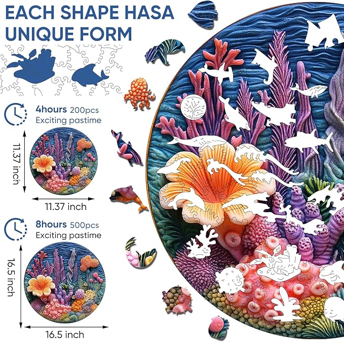 Wooden Puzzles for Adults - Seaweeds Jigsaw Puzzle 200 Piece, Oceans Puzzle, Unique Shaped Creative Gift Toys for Kids and Family Games