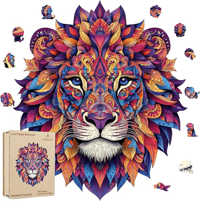 Lion Mandala Wooden Puzzles for Adults 300 Pieces,Unique Irregular Shaped Wooden Jigsaw Puzzles for Adults and Kids,Extra Thick 5MM,Best Gift,13.9x11.7Inch