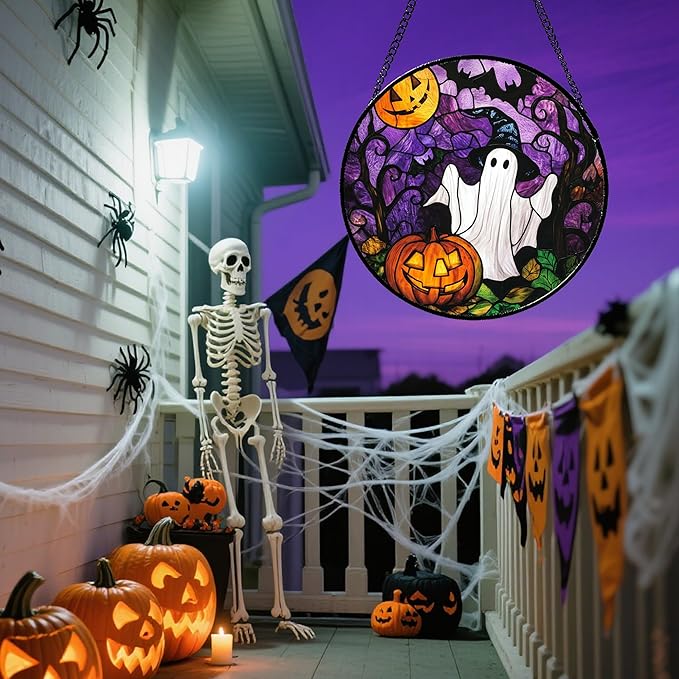 Stained Glass Window Hanging Halloween White Ghost Black Bat 6.3" - Suncatcher Door Garden Sunroom Horror Pumpkin Sun Catcher Birthday for Friend Mom Men Woman Nana