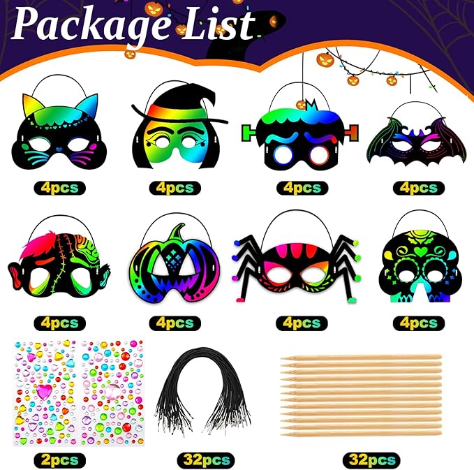 Natonhi 32Pcs Halloween Crafts for Kids Rainbow Scratch Mask, Halloween Games Scratch Art and Craft Kit Classroom Activities Favors Party Supplies
