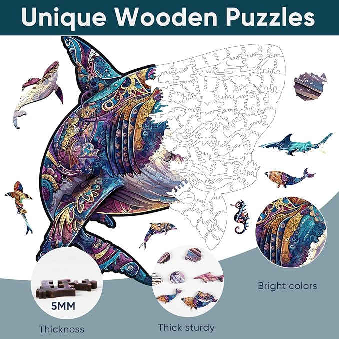 delobil Wooden Puzzles for Adults, Shark Jigsaw Puzzles 500 Pieces, Unique Shape Puzzles with Wooden Box, 17.3 x 17.4 Inches Royal Size Family Game Gift, Fun Challenging Puzzles for Adults and Kids
